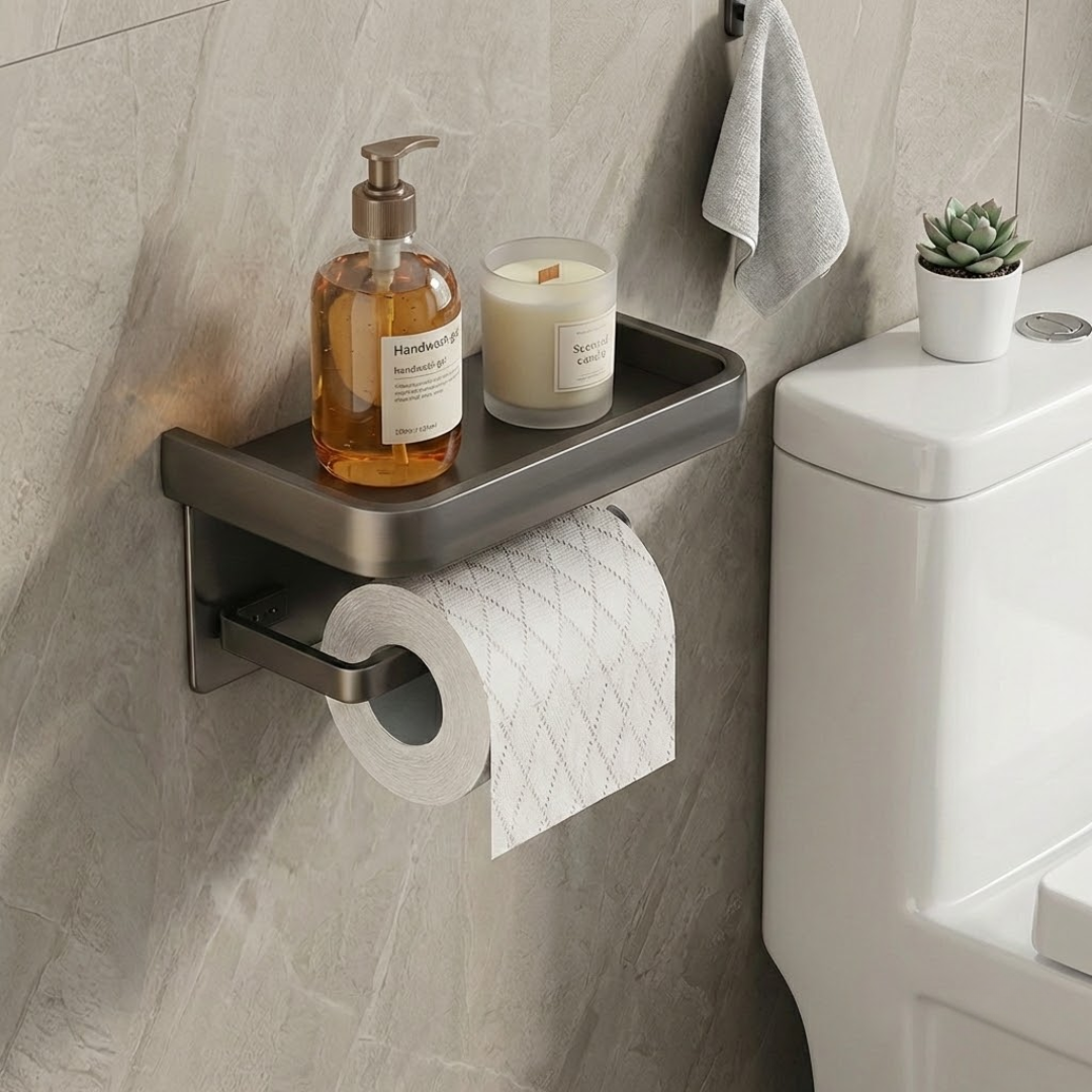 CalmHold™ – Toilettenpapierhalter mit Ablage, ohne Bohren