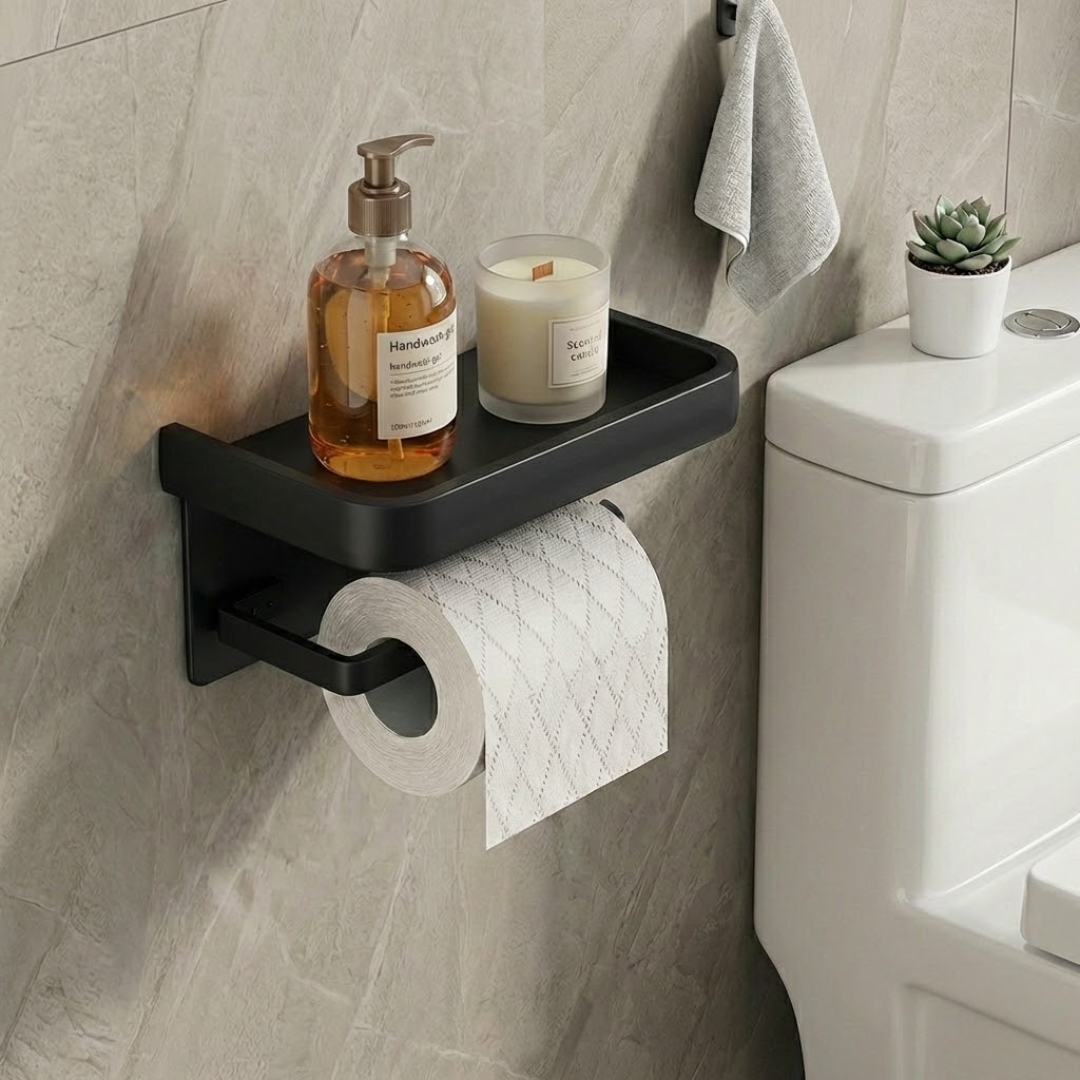 CalmHold™ – Toilettenpapierhalter mit Ablage, ohne Bohren