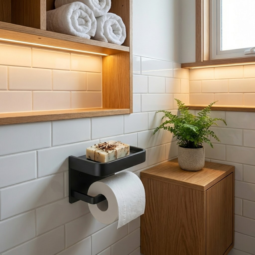 CalmHold™ – Toilettenpapierhalter mit Ablage, ohne Bohren