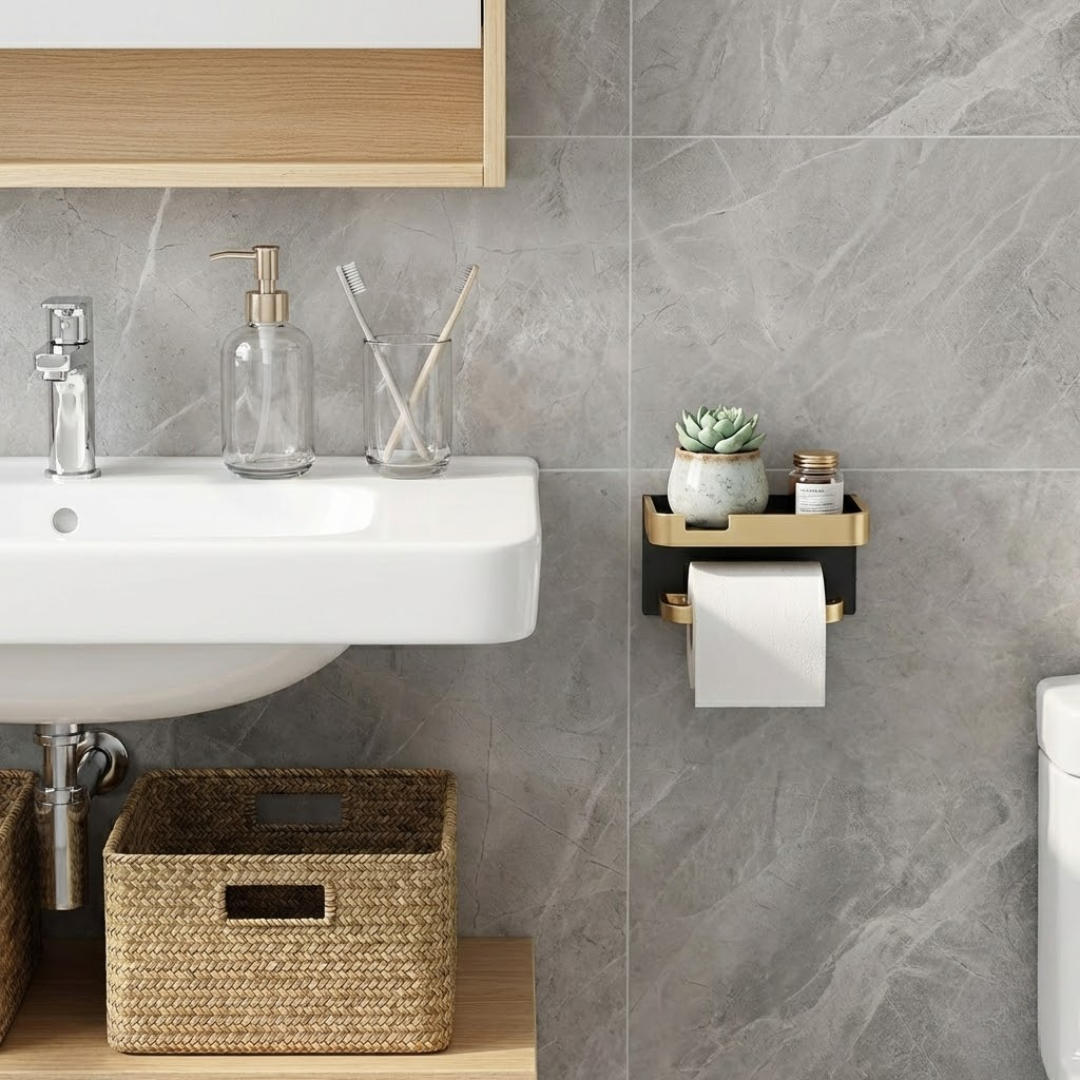 CalmHold™ – Toilettenpapierhalter mit Ablage, ohne Bohren