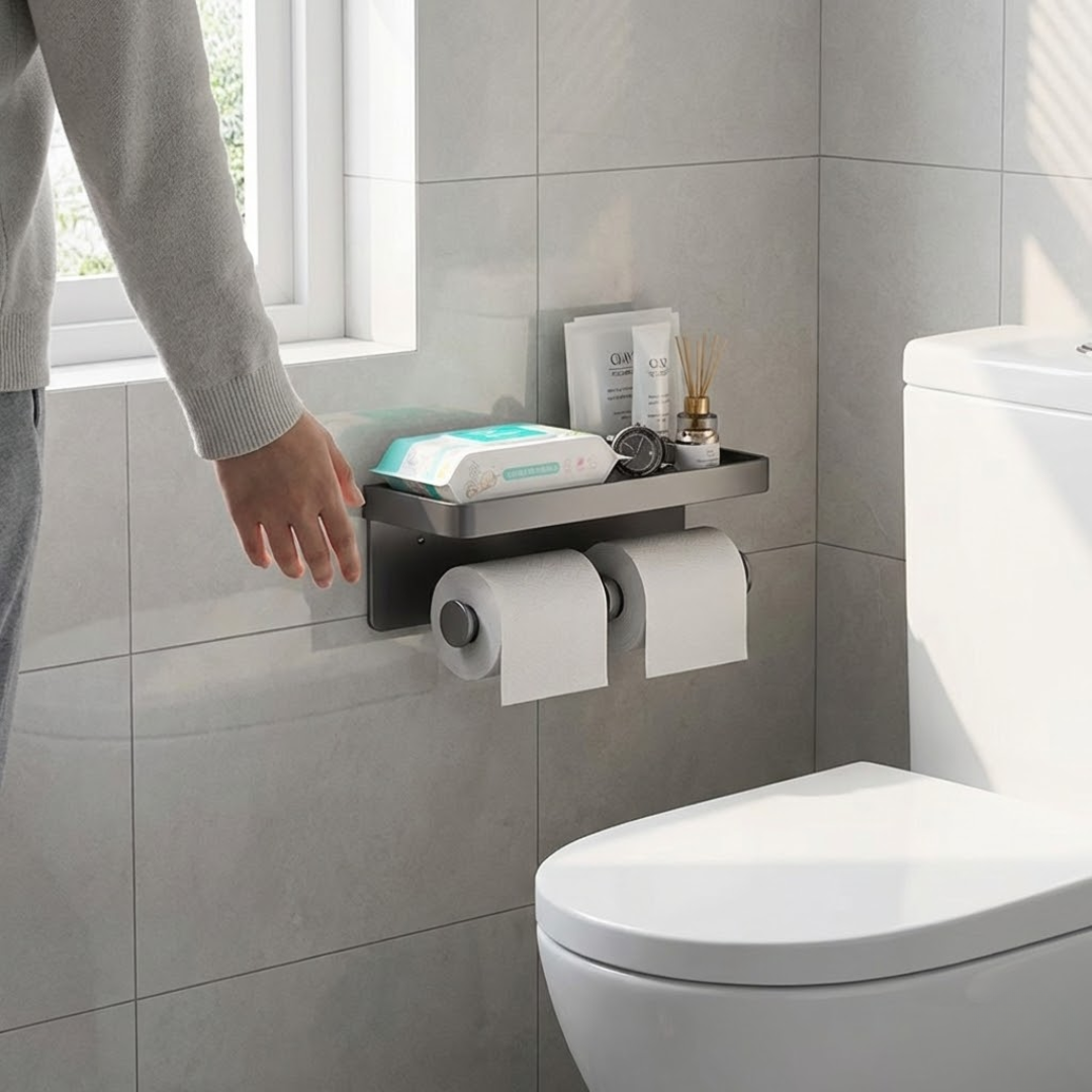 CalmHold™ – Toilettenpapierhalter mit Ablage, ohne Bohren