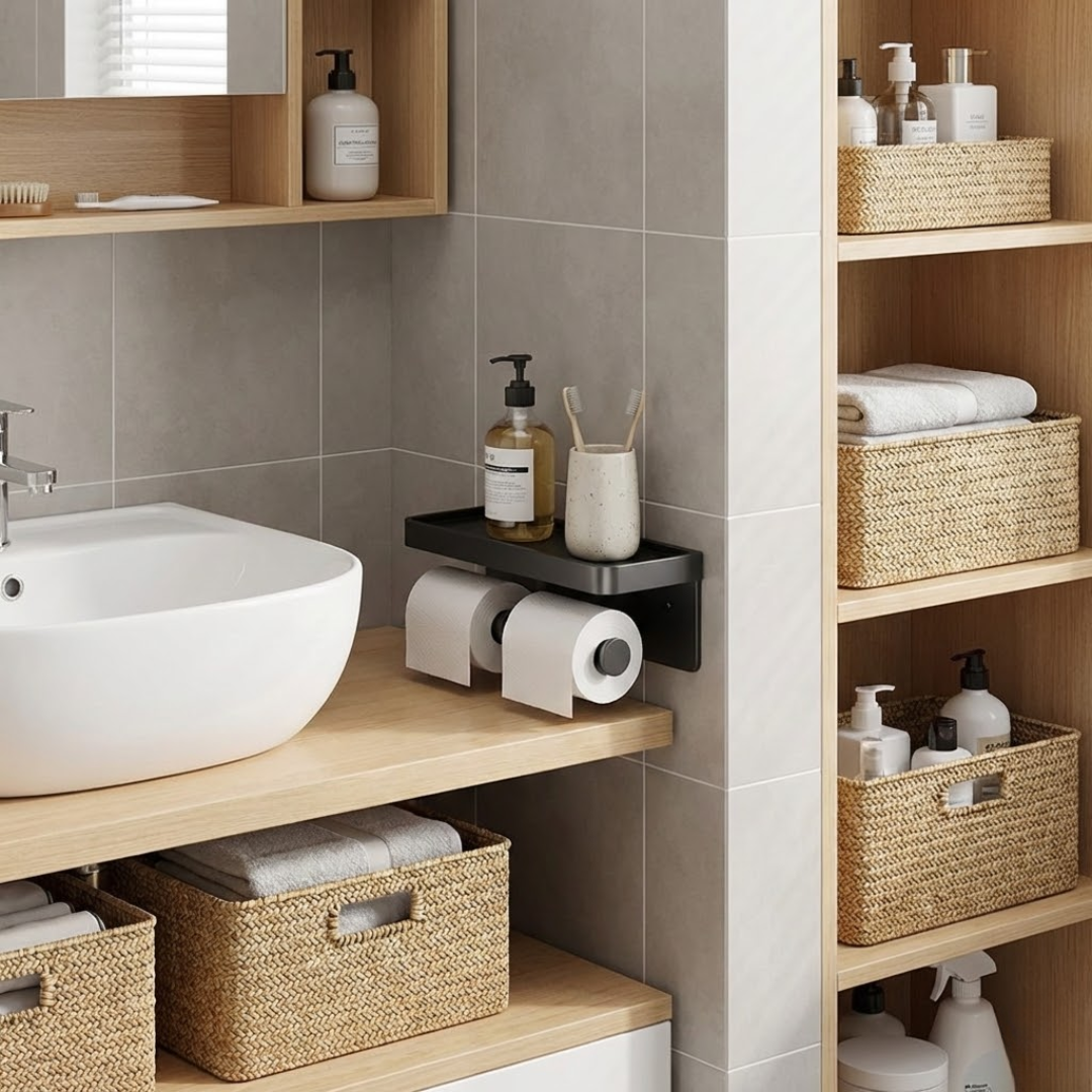 CalmHold™ – Toilettenpapierhalter mit Ablage, ohne Bohren